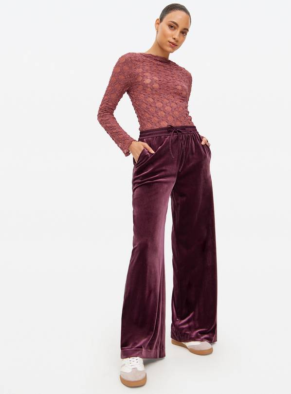 Burgundy Side Panel Velour Wide Leg Trousers  16R